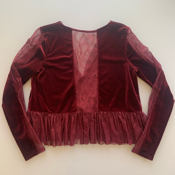 Free People Velvet & Lace V-Neck Top in Burgundy | Small - Picture 3 of 6